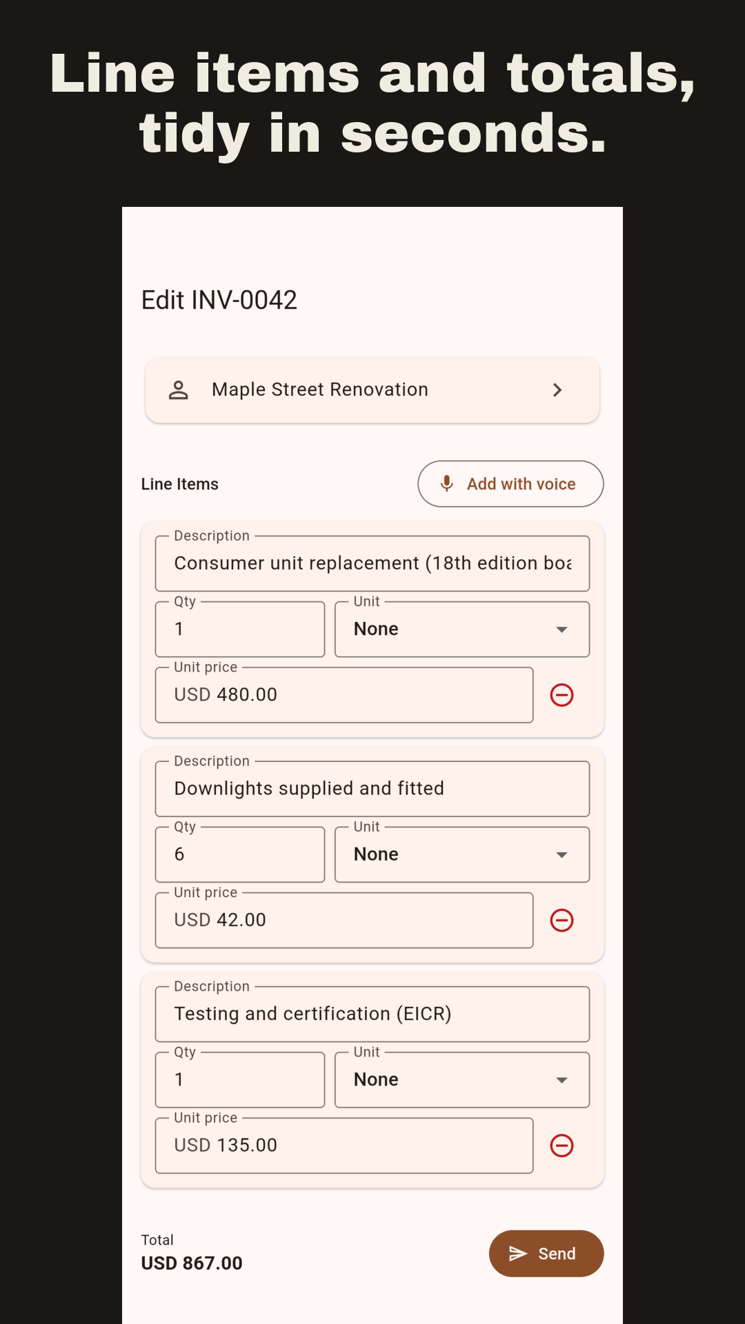 The invoice editor with tidy line items and totals
