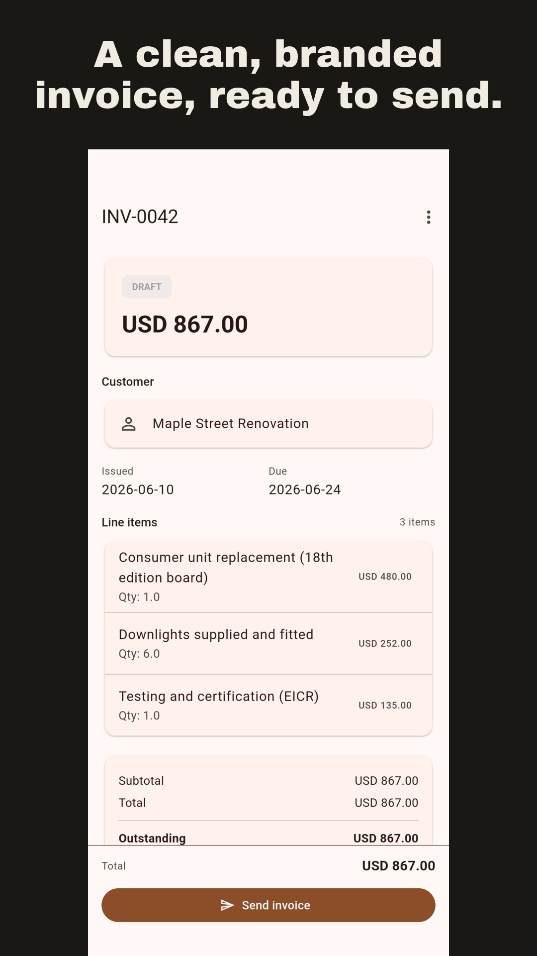 A clean, branded invoice ready to send