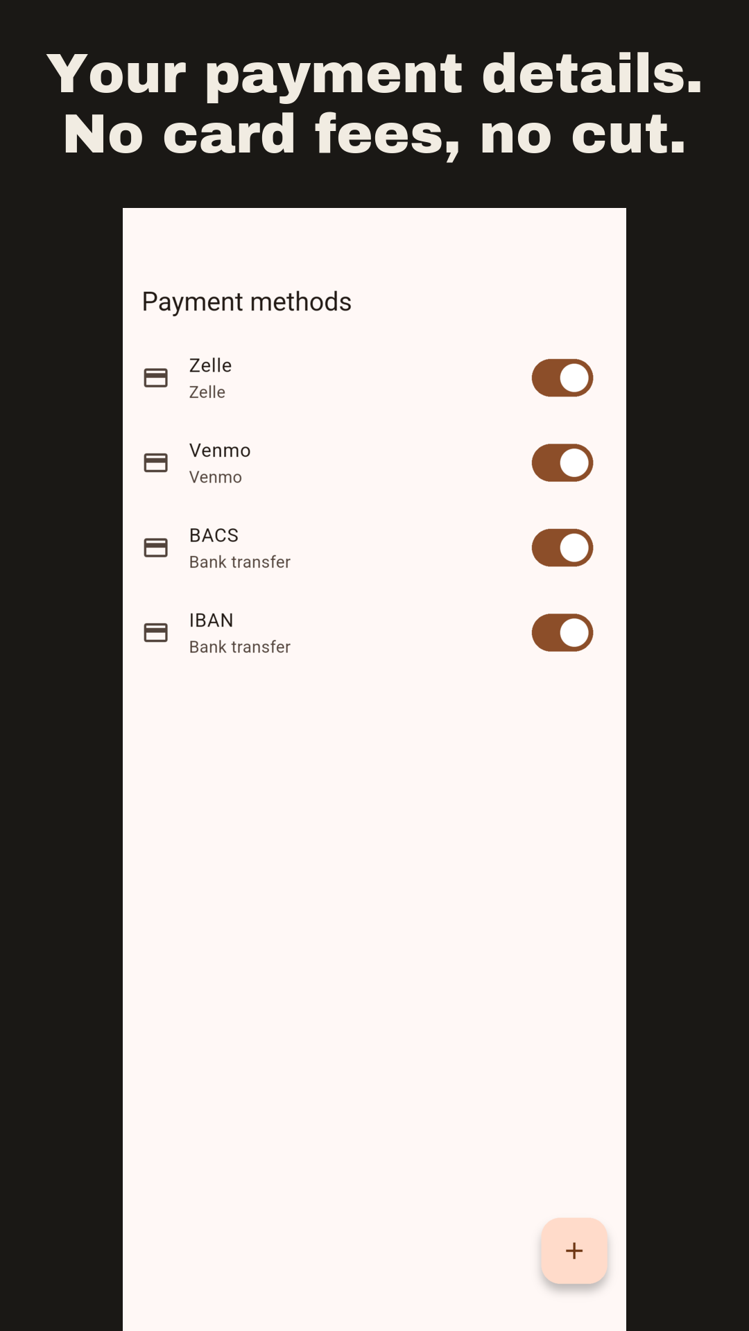 Payment methods like Zelle, Venmo, and bank transfer